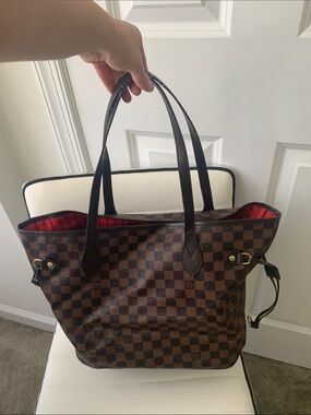 Brown checkered inspired Damier Tote with Red Striped Interior